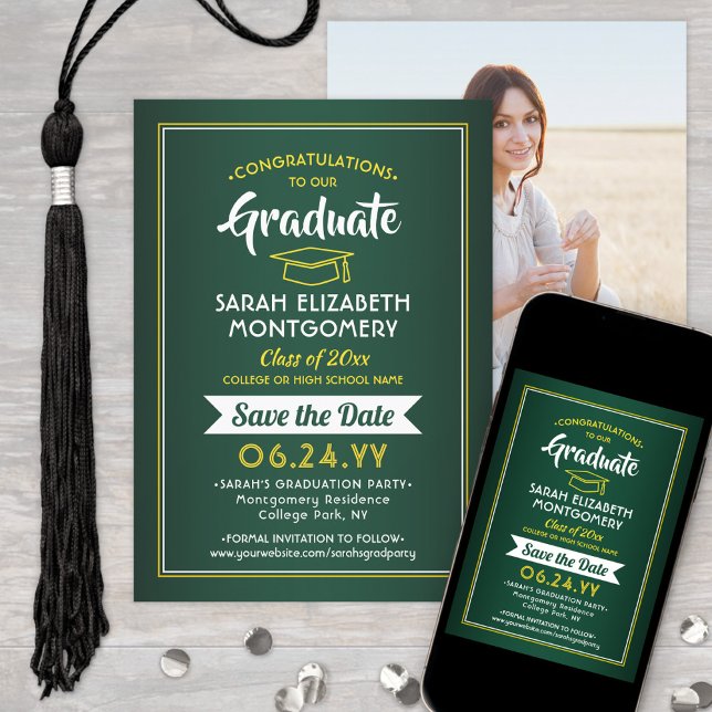 Save The Date 1 Diplôme photo Elégant Vert & Or Jaune (Créateur téléchargé)