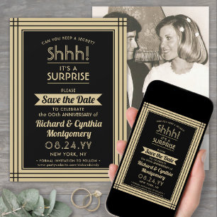 Save The Date 1 Photo Fête surprise d'anniversaire Noir et Or