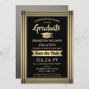 Save The Date 1 Photo Graduation Black and Gold Faux Foil Modern
