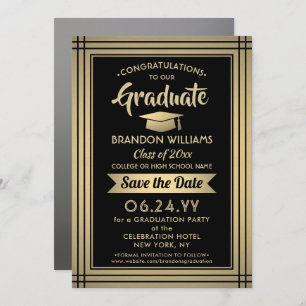 Save The Date 1 Photo Graduation Black and Gold Faux Foil Modern