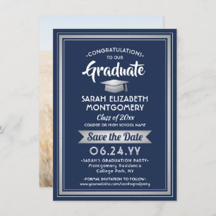 Save The Date 1 Photo Graduation Elégant Marine Bleu Blanc Argen