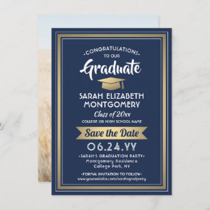 Save The Date 1 Photo Graduation Elégant Marine Bleu Blanc & Or