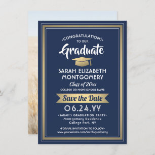 Save The Date 1 Photo Graduation Elégant Marine Bleu Blanc & Or