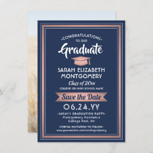 Save The Date 1 Photo Graduation Élégante Marine Rose Rose Or