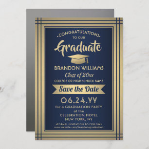 Save The Date 1 Photo Graduation Marine Blue Gold Faux Foil Mode