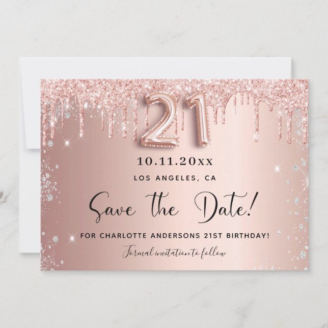 Save The Date 21e anniversaire blush rose or argent argent  enre (Devant)