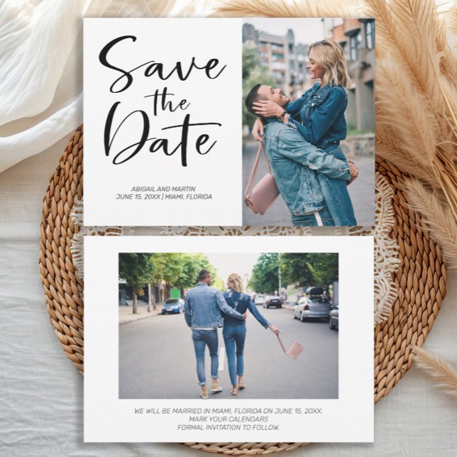 Save The Date 2 Photo Brossage Script Mariage Épargnez la Date (Wedding Save-the-Date 2 photo front/back card)