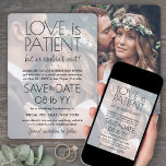 Save The Date 2 Photo Love est la réception de mariage du patien<br><div class="desc">Annoncez la nouvelle joyeuse de votre prochaine fête de mariage à la réception seulement avec une photo personnalisée unique superposition "L'amour est patient" enregistrer les invitations de date. Toute formulation est simple à personnaliser pour une soirée post-elopement, cérémonie de renouvellement de voeux, mariage de suite ou réception du 1er anniversaire....</div>