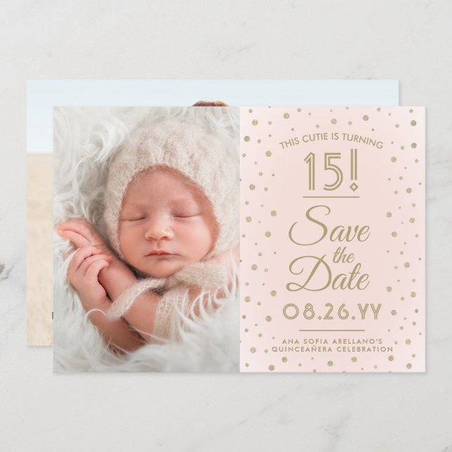 Save The Date 2 Photo Quinceanera Chic Blush Pink Gold Parties s (Devant / Derrière)