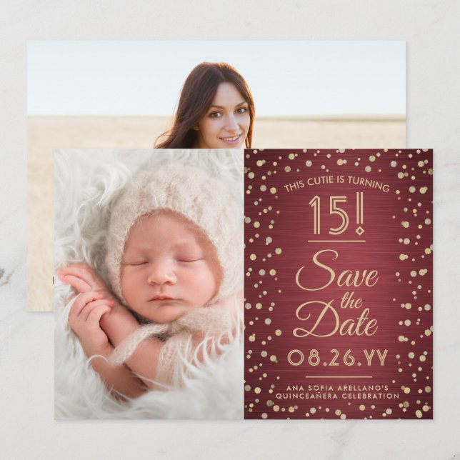 Save The Date 2 Photo Quinceanera Elegant Burgundy Gold Parties  (Devant / Derrière)