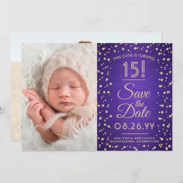 Save The Date 2 Photo Quinceanera Elegant Purple Gold Parties sc (Devant / Derrière)