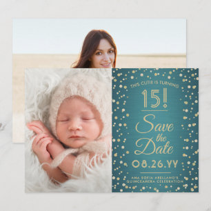 Save The Date 2 Photo Quinceanera Elegant Teal Blue Gold Glitter