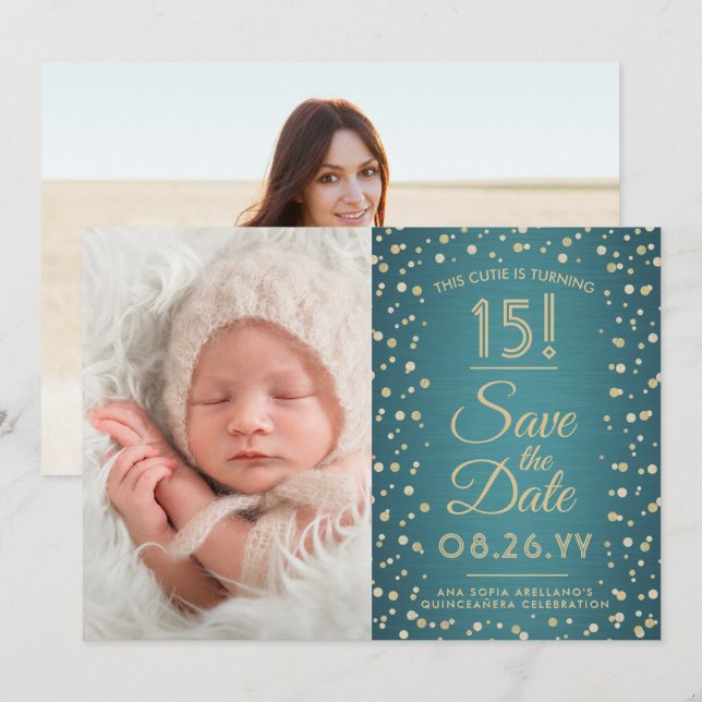 Save The Date 2 Photo Quinceanera Elegant Turquoise Blue Gold Pa (Devant / Derrière)