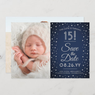 Save The Date 2 Photo Quinceanera Navy Blue Confetti Sparkle
