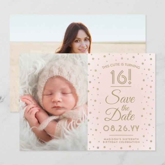 Save The Date 2 Photo Sweet 16 Anniversaire Blush Gold Enregistr (Devant / Derrière)