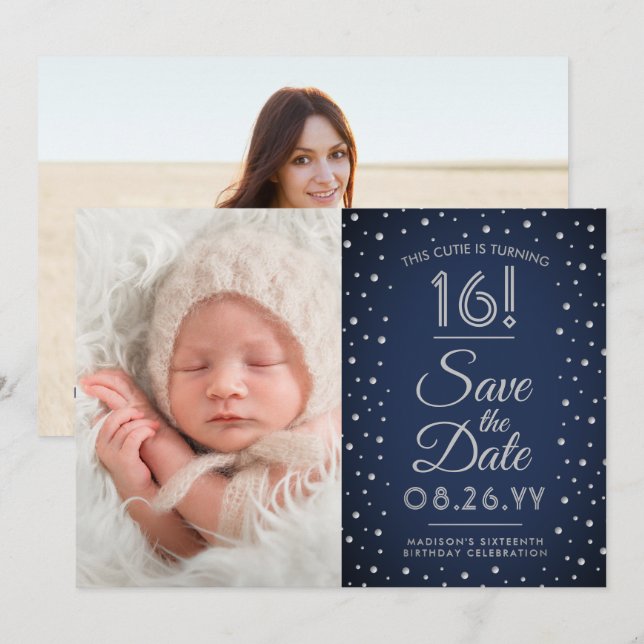 Save The Date 2 Photo Sweet 16 Anniversaire Chic Navy Blue Confe (Devant / Derrière)