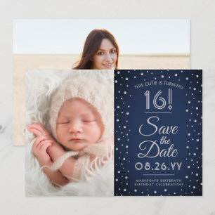 Save The Date 2 Photo Sweet 16 Anniversaire Chic Navy Blue Confe