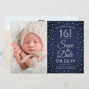 Save The Date 2 Photo Sweet 16 Anniversaire Chic Navy Blue Confe