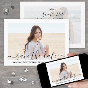 Save The Date 2 Photo Sweet 16e Anniversaire Chic Script Seizièm