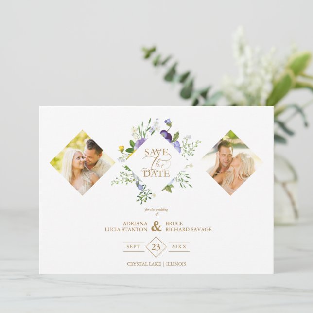 Save The Date 2 Photos Chic Romantic Lilac Shades Floral Bouquet (Debout devant)