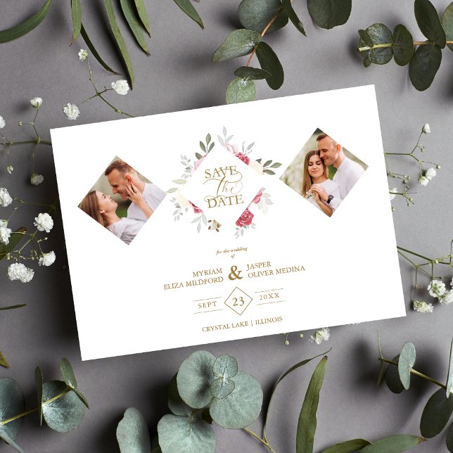 Save The Date 2 Photos Fancy Romantic Pink Shades Floral Bouquet (Créateur téléchargé)