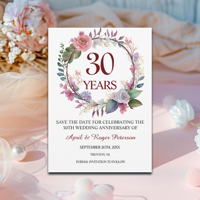Save The Date 30e anniversaire du Mariage Pearl Floral (Créateur téléchargé)