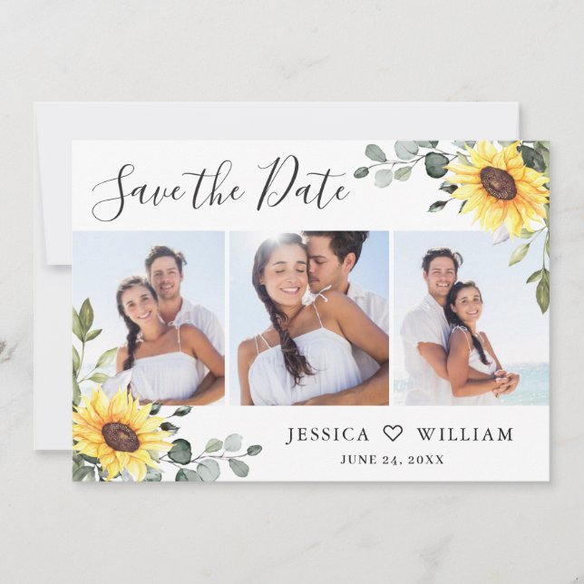 Save The Date 3 Photo Aquarelle Tournesols Eucalyptus Mariage (Devant)