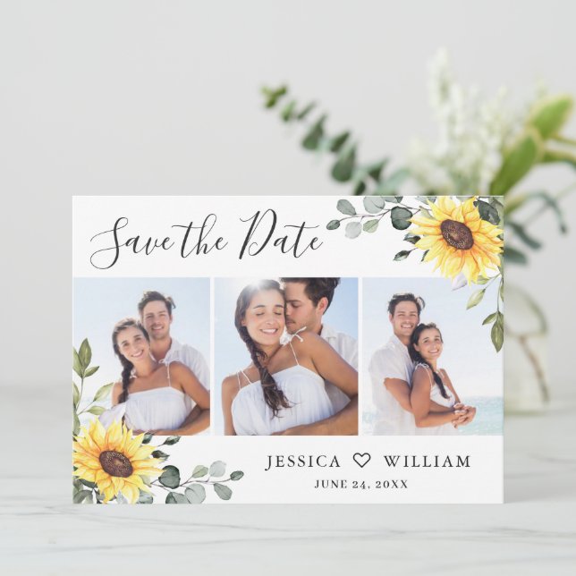 Save The Date 3 Photo Aquarelle Tournesols Eucalyptus Mariage (Debout devant)