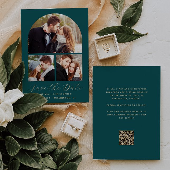 Save The Date 3-Photo Collage Arch Turquoise Blue Gold QR Code (Créateur téléchargé)