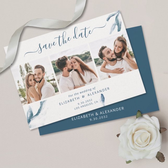 Save The Date 3 photo élégant bleu aquarelle simple mariage (Créateur téléchargé)