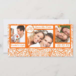 Save The Date 3 Photos Inséparables Orange Damask Enregistrer la