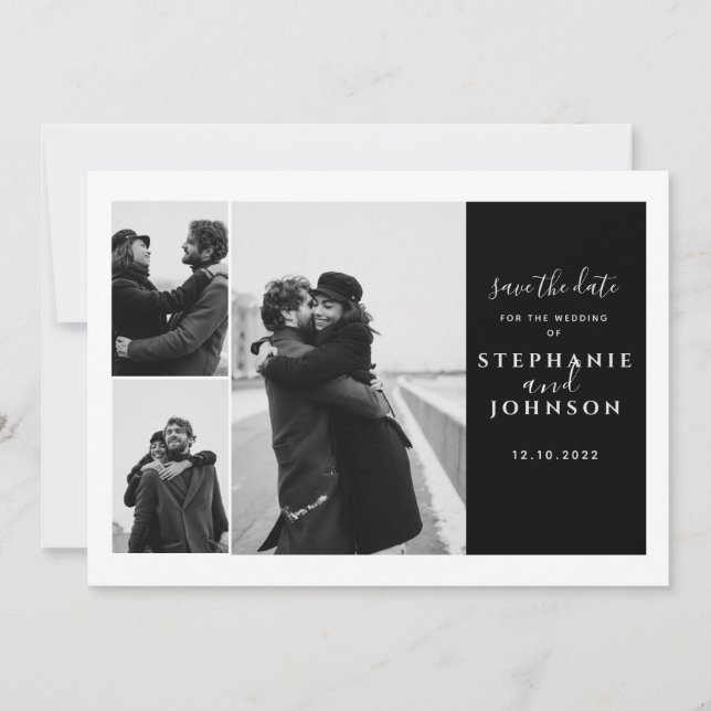 Save The Date 3 Photos Typographie moderne Mariage noir blanc (Devant)