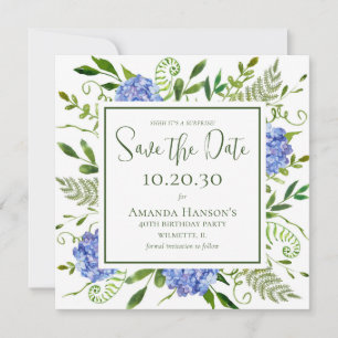 Save The Date 40e anniversaire Blue Hydrangeas Surprise Party