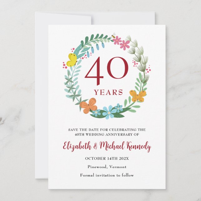 Save The Date 40e anniversaire Ruby Floral Wreath (Devant)