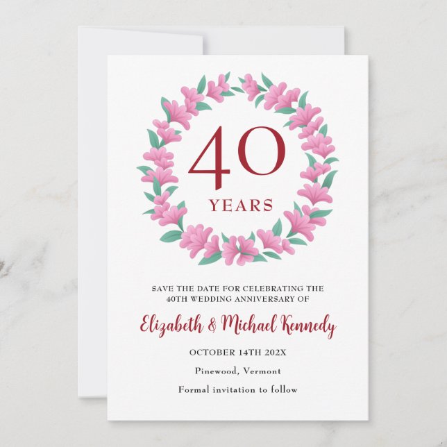 Save The Date 40e anniversaire Ruby Floral Wreath (Devant)