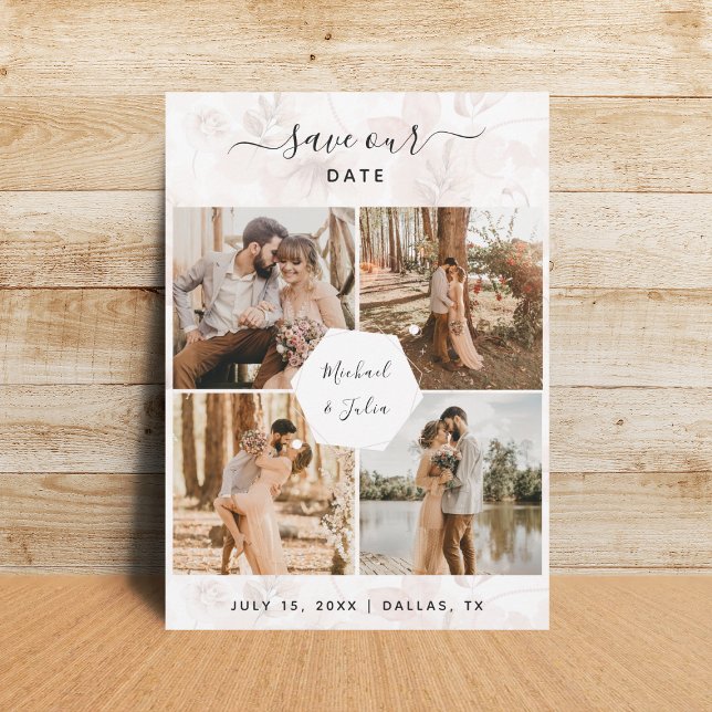 Save The Date 4 Photo Collage Couple & Mariage Floral Rose Clair (Créateur téléchargé)