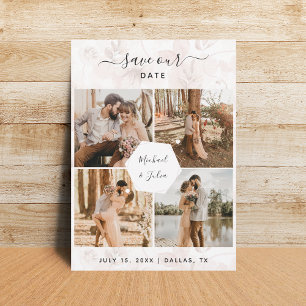 Save The Date 4 Photo Couple Collage & Fleurs Roses Mariage