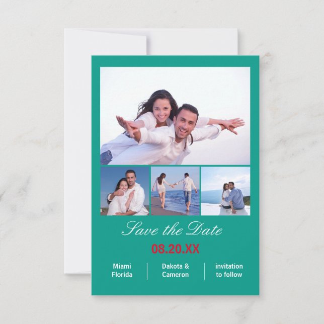 Save The Date 4 Photos Collage vertical - 3x5 Aqua Enregistrer l (Devant)