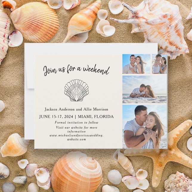 Save The Date 4 Photos Plage Coquillages Mariage Destination (4-photo beach wedding Save the Date card)