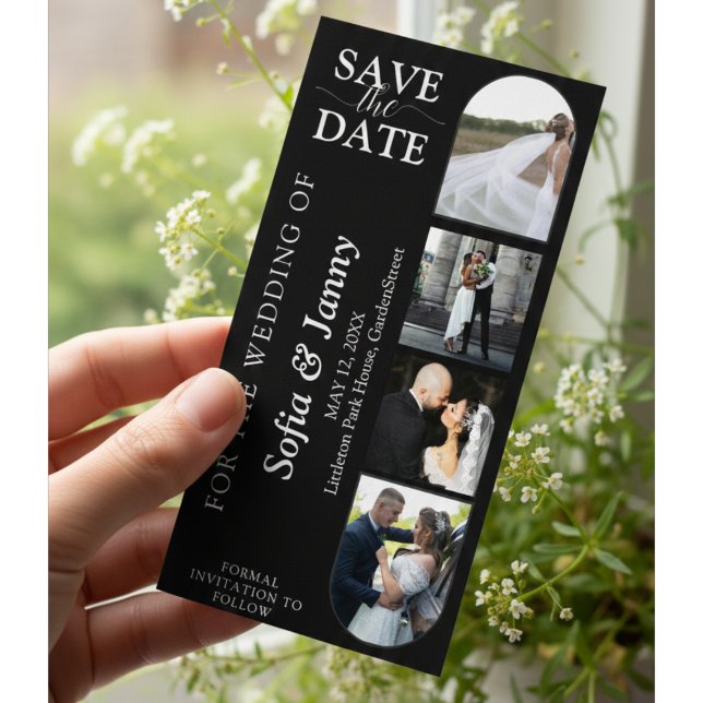 Save The Date 4 Signet de mariage à l'avance de style Photomaton (4 Photo Booth Style Wedding Save the Date Bookmark – Fun Arch Black Design)