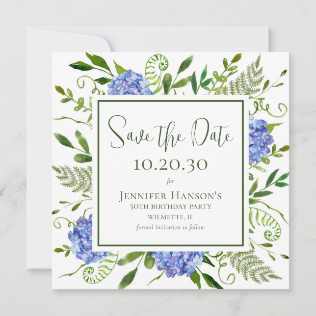 Save The Date 50e anniversaire Blue Hydrangeas (Devant)
