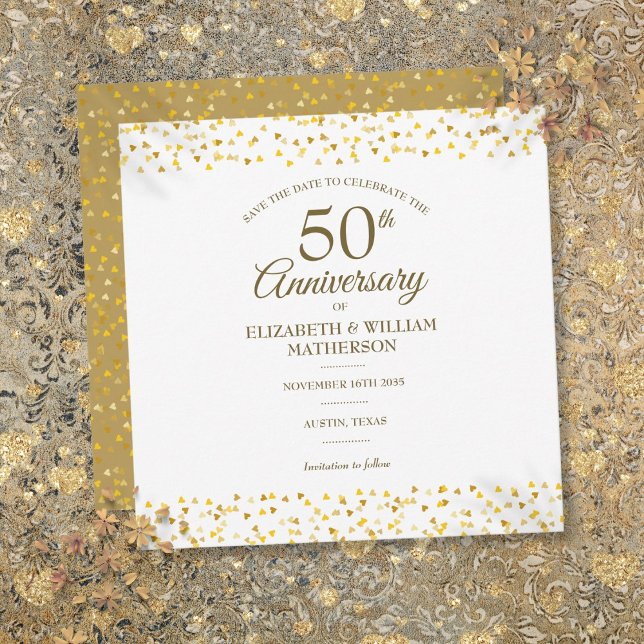 Save The Date 50e anniversaire de Mariage Carré des Coeurs d'or (50th Wedding Anniversary Gold Hearts Square Save The Date)