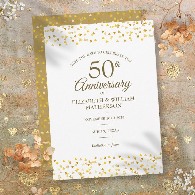 Save The Date 50e Anniversaire de Mariage Cœurs d'Amour Dorés (50th Wedding Anniversary Golden Love Hearts Save The Date)