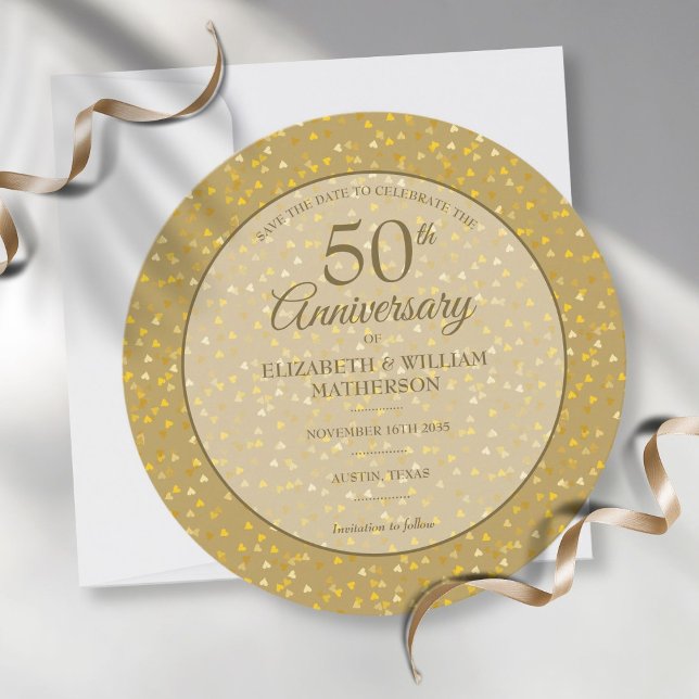Save The Date 50e anniversaire de mariage cœurs dorés circulaire (Créateur téléchargé)