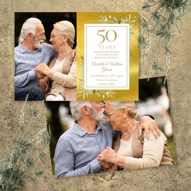 Save The Date 50e anniversaire de mariage de verdure 2 photos (50th Golden Wedding Anniversary Greenery 2 Photos Save The Date)