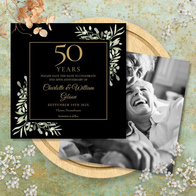 Save The Date 50e anniversaire de mariage Feuillage Photo Noir O (50th Wedding Anniversary Foliage Black Gold Photo Save The Date)
