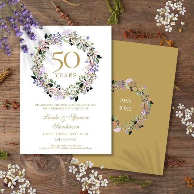 Save The Date 50e Anniversaire de Mariage Floral (50th Golden Wedding Anniversary Floral Save The Date)