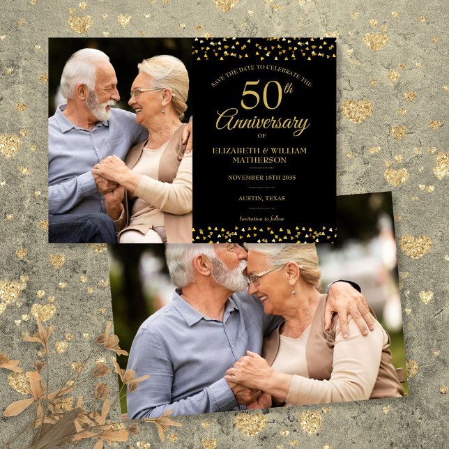 Save The Date 50e anniversaire du Mariage Coeurs d'or 2 Photo (50th Wedding Anniversary Gold Hearts 2 Photo Save The Date)