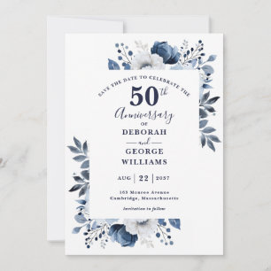 Save The Date 50e anniversaire du Mariage Floral bleu Enregistre