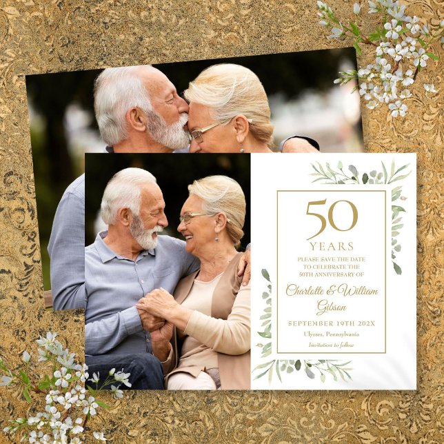 Save The Date 50ème Anniversaire de Mariage d'or Verdure 2 Photo (50th Golden Wedding Anniversary Greenery 2 Photos Save The Date)